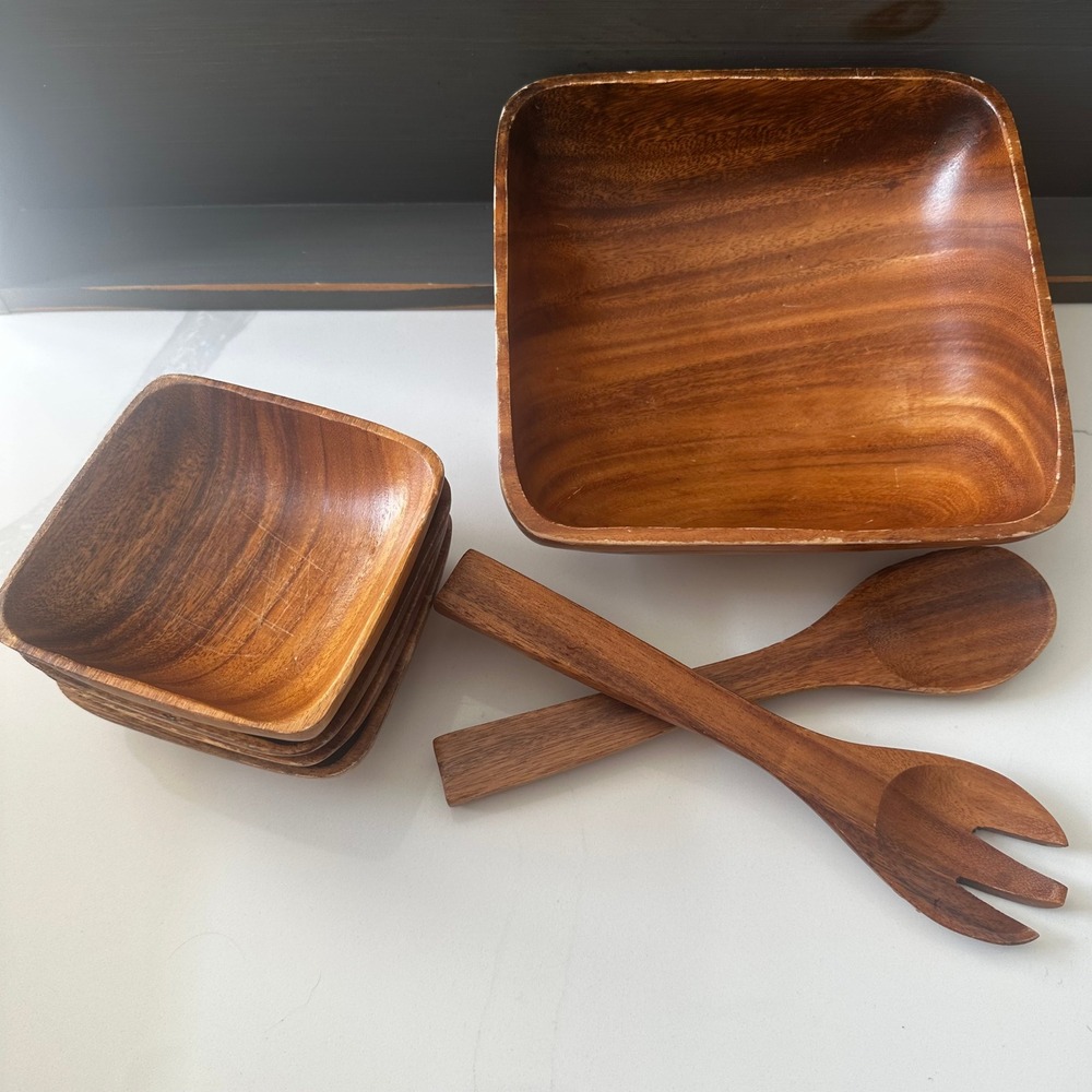 Vintage Wooden Salad Bowl Set 7pc Square Acacia Serving Bowls and Utensils Brown
